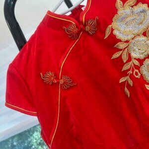NWT Red Gold Rose Phoenix Embroidery Side Slit Chinese Wedding Dress M L